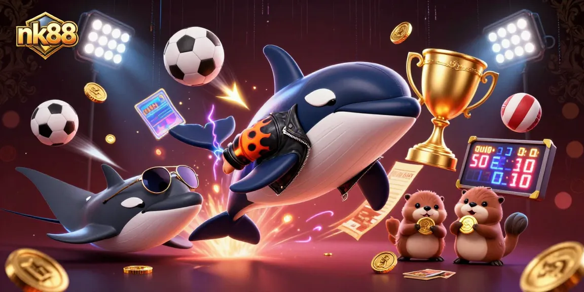 Experience the thrill of nk88 with a dynamic illustration showcasing an orca, stingray, and otters in a lively gambling scene.