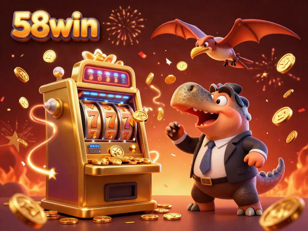 58win cartoon characters celebrating a jackpot with flying coins and vibrant casino elements.