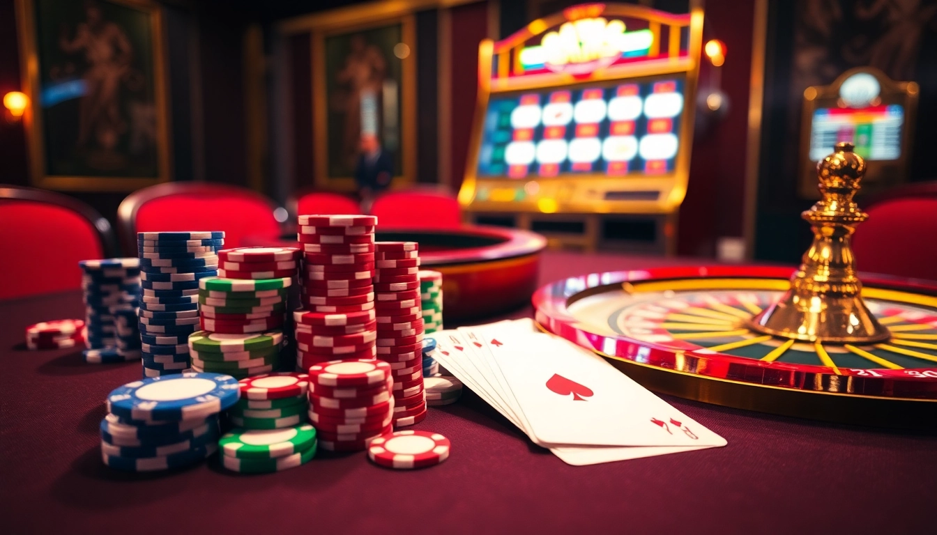 An engaging casino scene showcasing m88 poker chips and cards amidst vibrant gambling action.