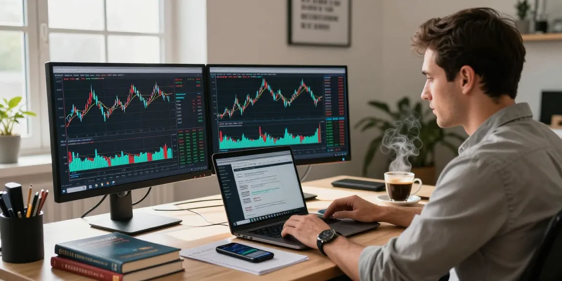 Trader sedang menganalisis pasar keuangan dengan kakakjudi di meja kerja modern