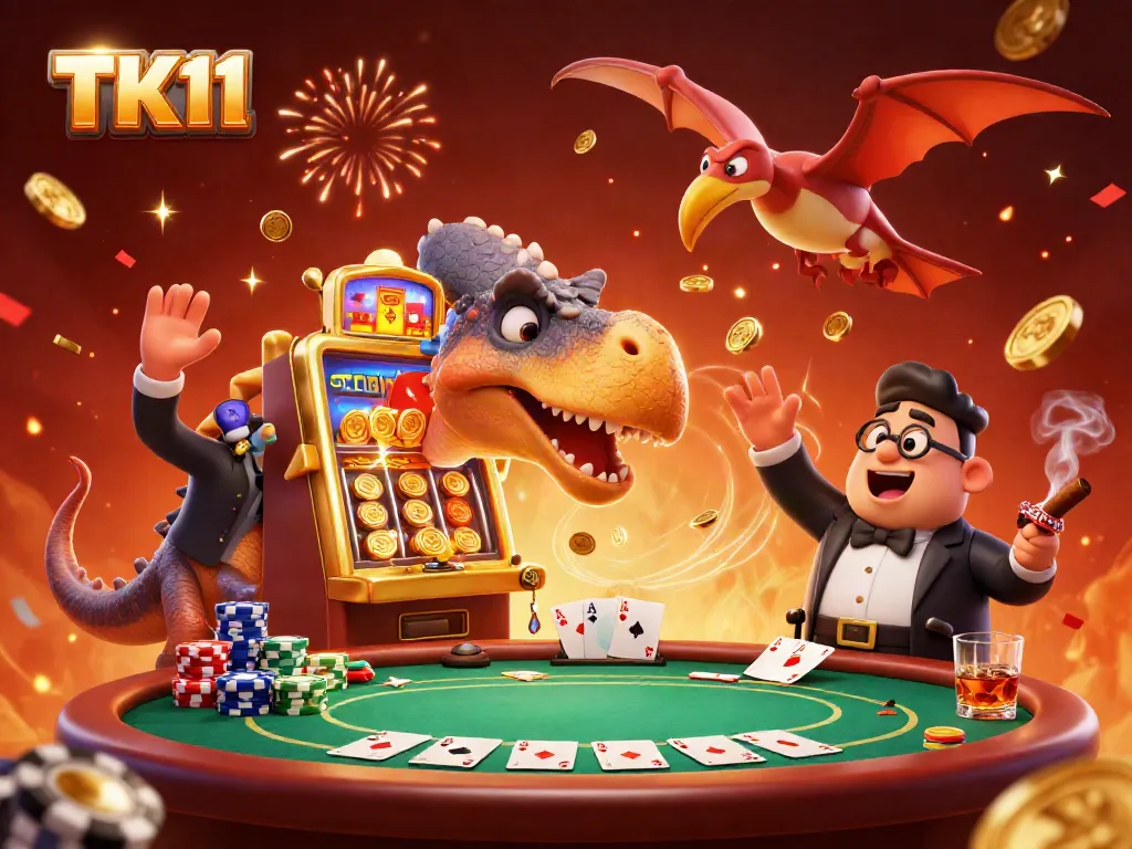 Token rewards are captured by TK11 characters in a vibrant, action-packed casino scene.