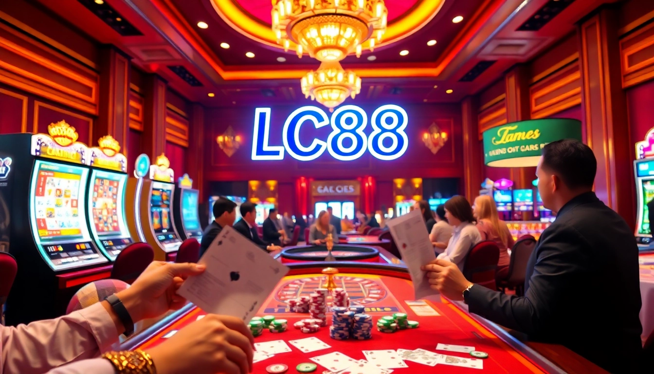 Players celebrating winnings at an LC88 online casino with poker chips and betting slips.