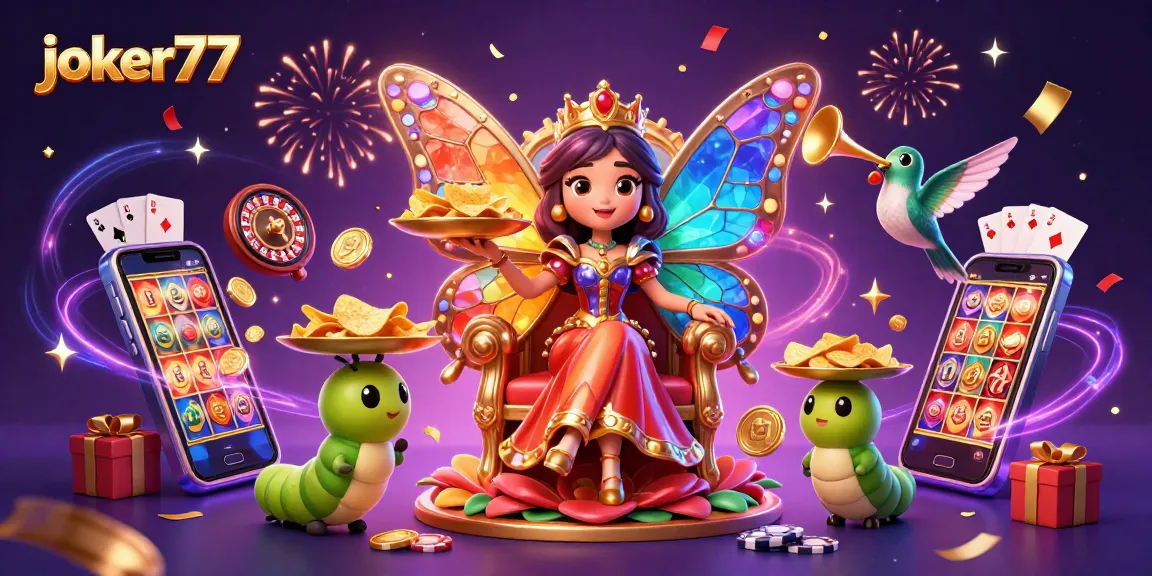 Experience excitement with joker77 as a butterfly queen leads a vibrant casino scene packed with games and treasures.