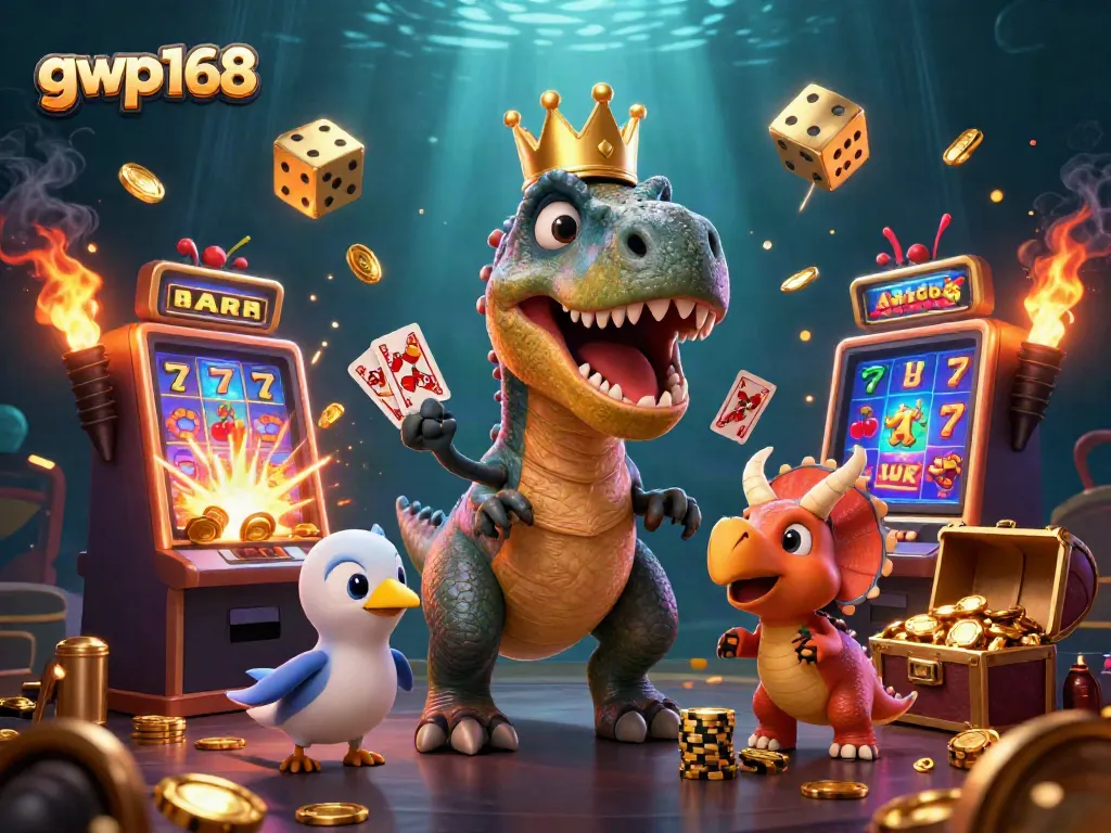 GWP168 menampilkan T-Rex kartun bermain kartu dengan pterodactyl dan triceratops, meriah dengan slot dan koin emas.
