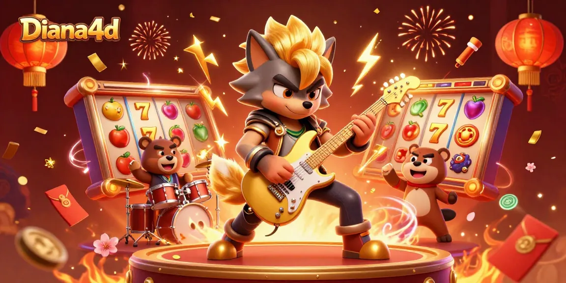 Diana4d features a vibrant casino illustration with a rock star wolf and drummer bear engaged in thrilling slot games.