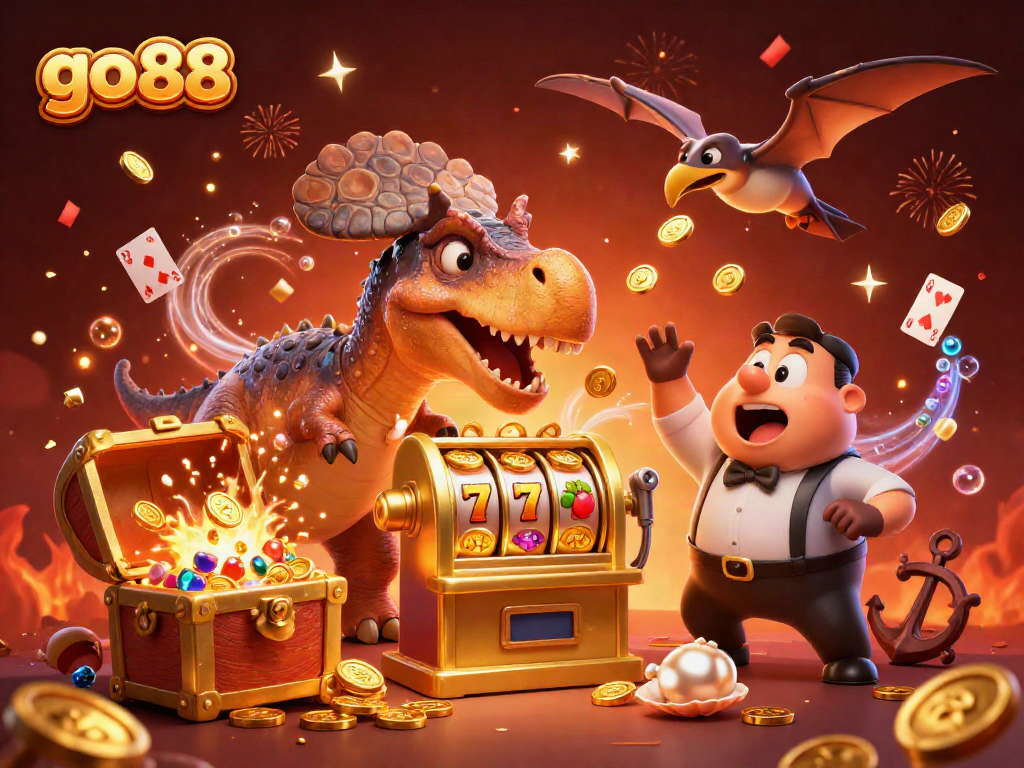 Experience the excitement of go88 as a pachycephalosaurus hits a slot machine, showering coins.