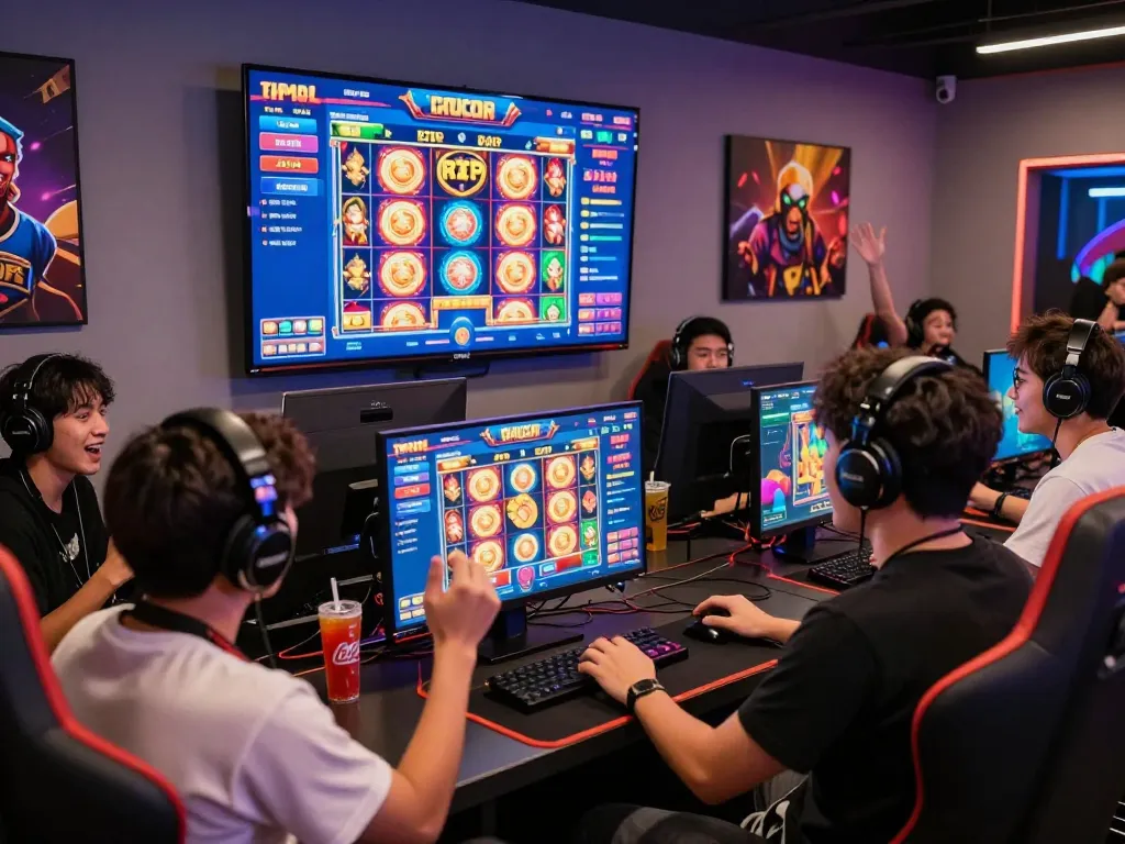 Players enjoying the excitement of slot gacor games in a vibrant gaming lounge