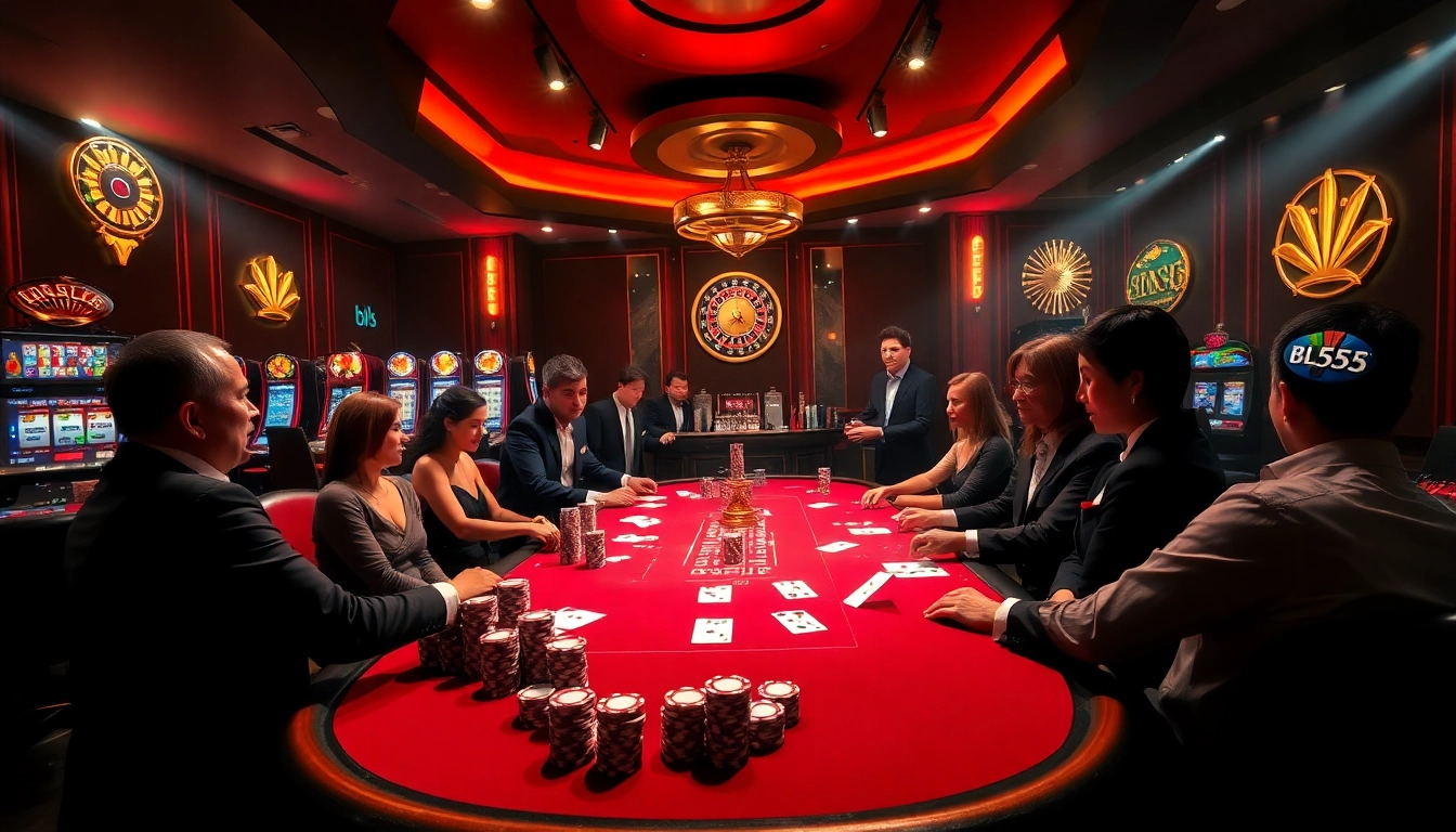 Players enjoying poker at a luxurious BL555 casino table with vibrant colors and high-energy atmosphere.
