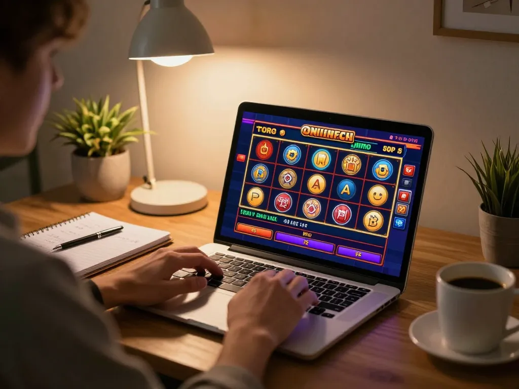 Player enjoying slots on 23win, showcasing online casino gaming at home with strategy notes.