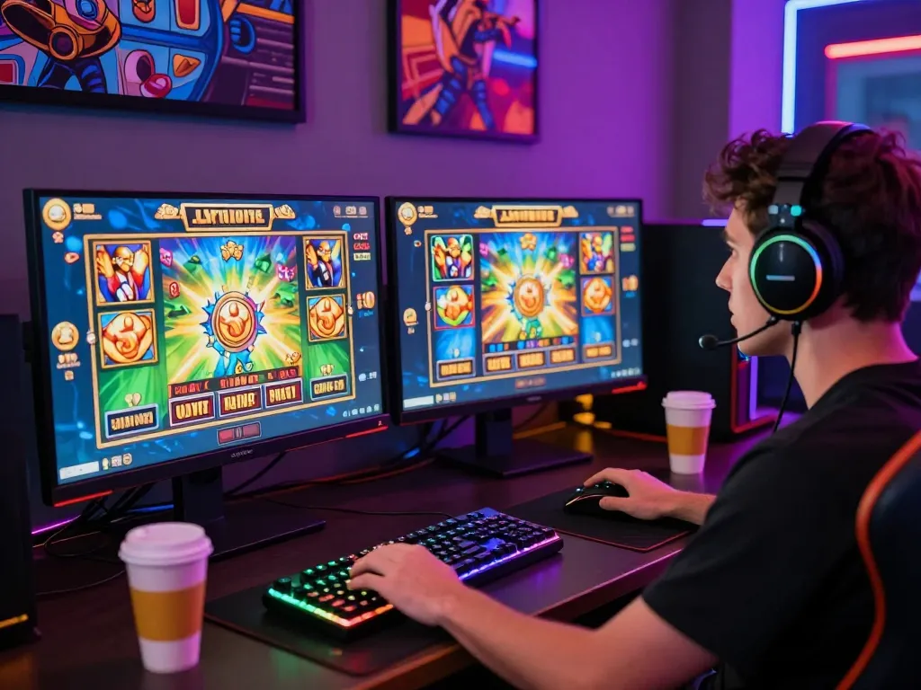 Pemain terlibat menikmati permainan slot situs gacor dengan grafis berwarna-warni dalam pengaturan permainan modern.