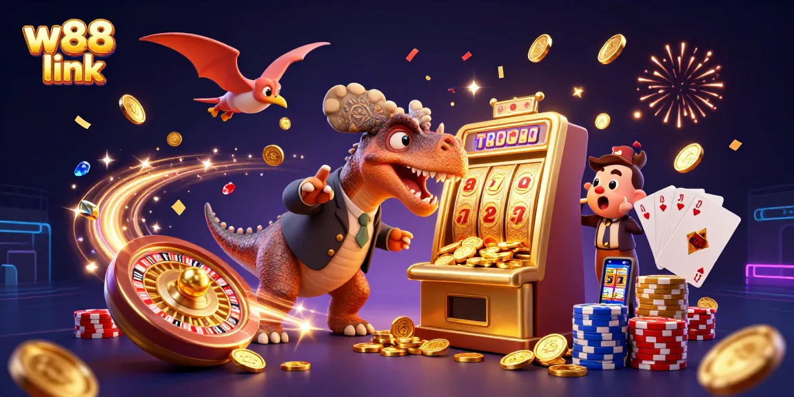 Exciting w88 link scene showcasing a dinosaur hitting a slot machine for coins amidst a vibrant casino.