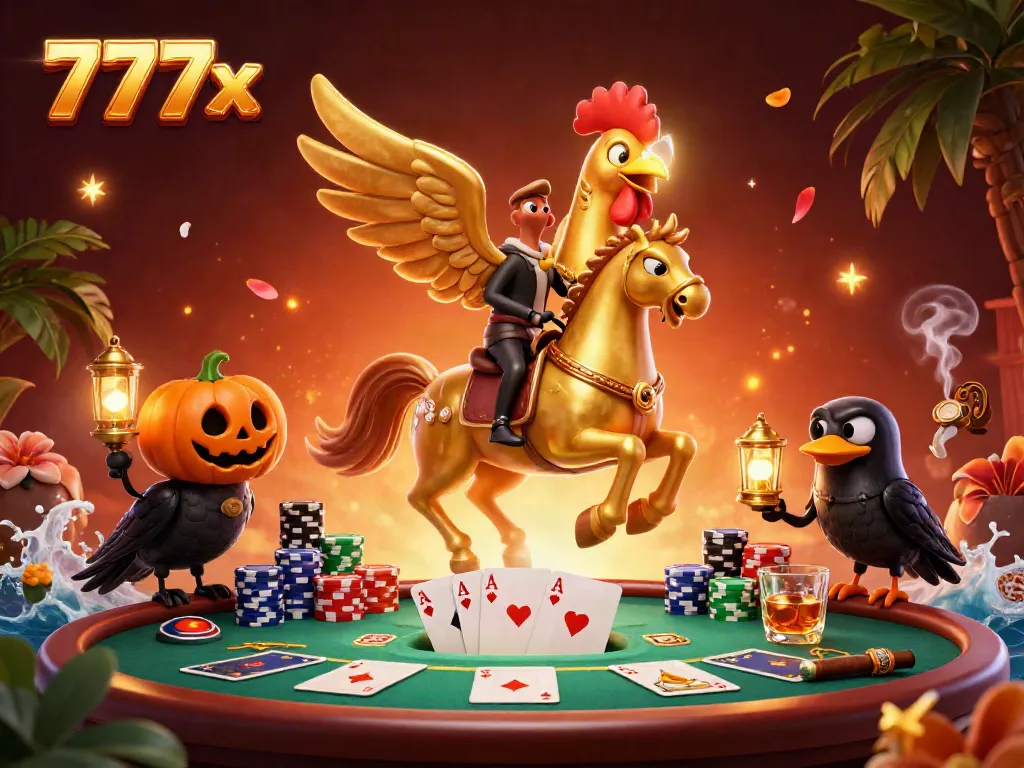 Experience the thrill of 777x with a golden rooster in a vibrant casino surrounded by rich gaming elements.