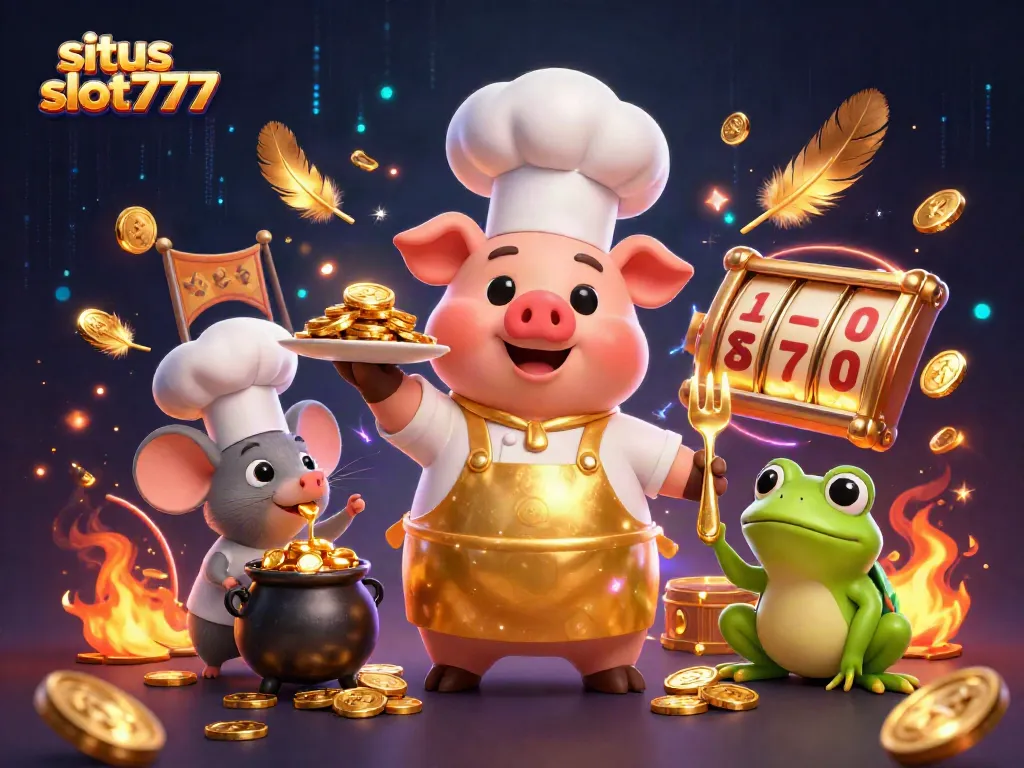 Gambarkan permainan menarik di situs slot777 dengan karakter lucu dan koin emas.