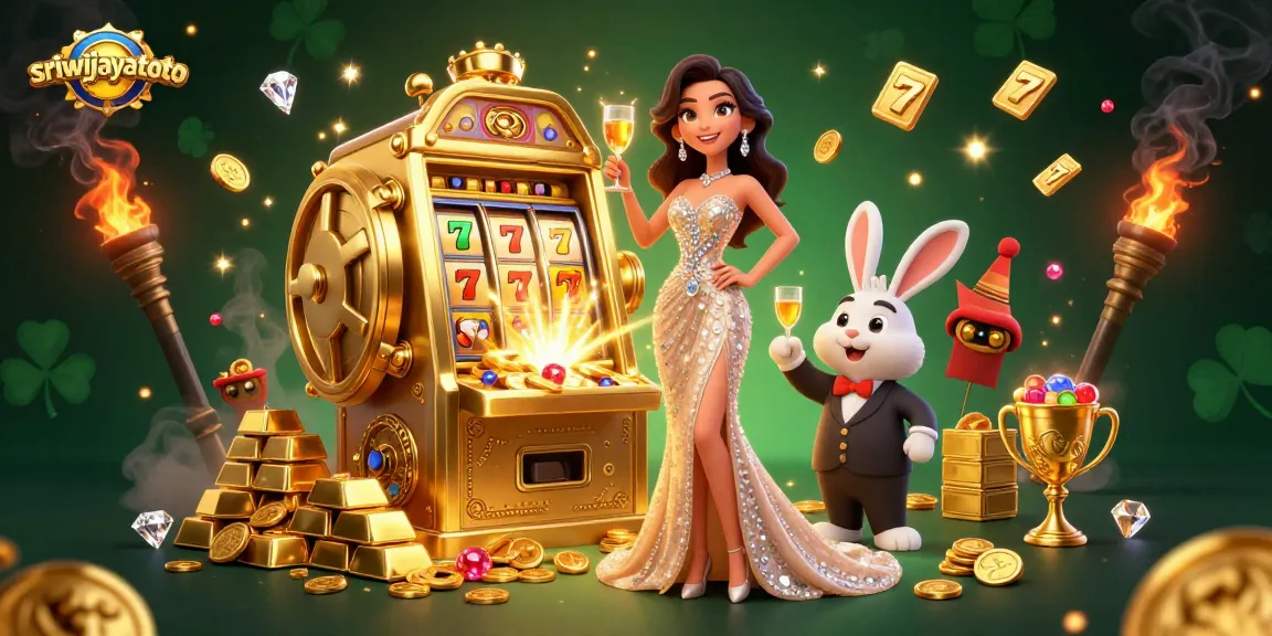 Sriwijayatoto showcases a glamorous casino scene with a woman toasting beside a jackpot slot machine.