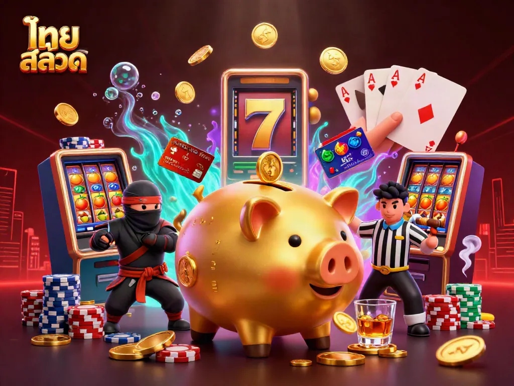 Engage in ไทย สล็อต with a vibrant casino scene showcasing a sumo wrestler, ninja, and samurai, filled with stunning slot symbols.