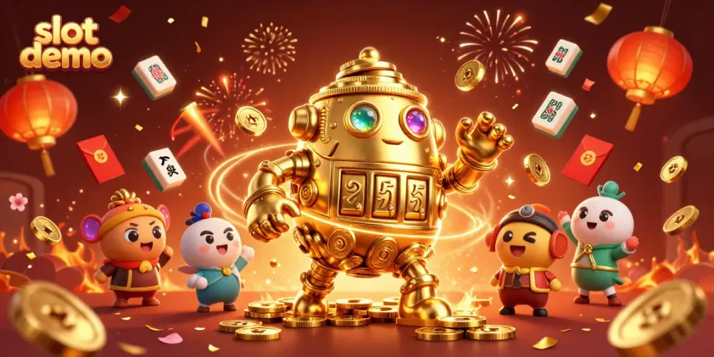 Menangkan jackpot dengan slot demo yang menampilkan simbol mesin slot mengelilingi golem emas.