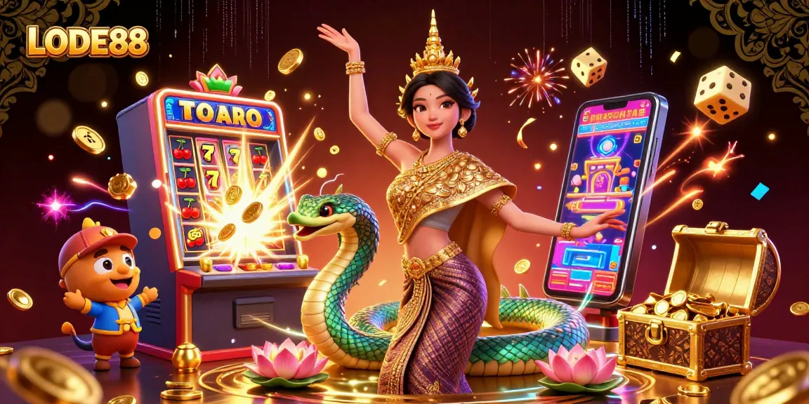 Immerse in LODE88's vibrant casino world with a dazzling scene featuring a dancing woman, a Naga serpent, slot machines, and golden treasures.