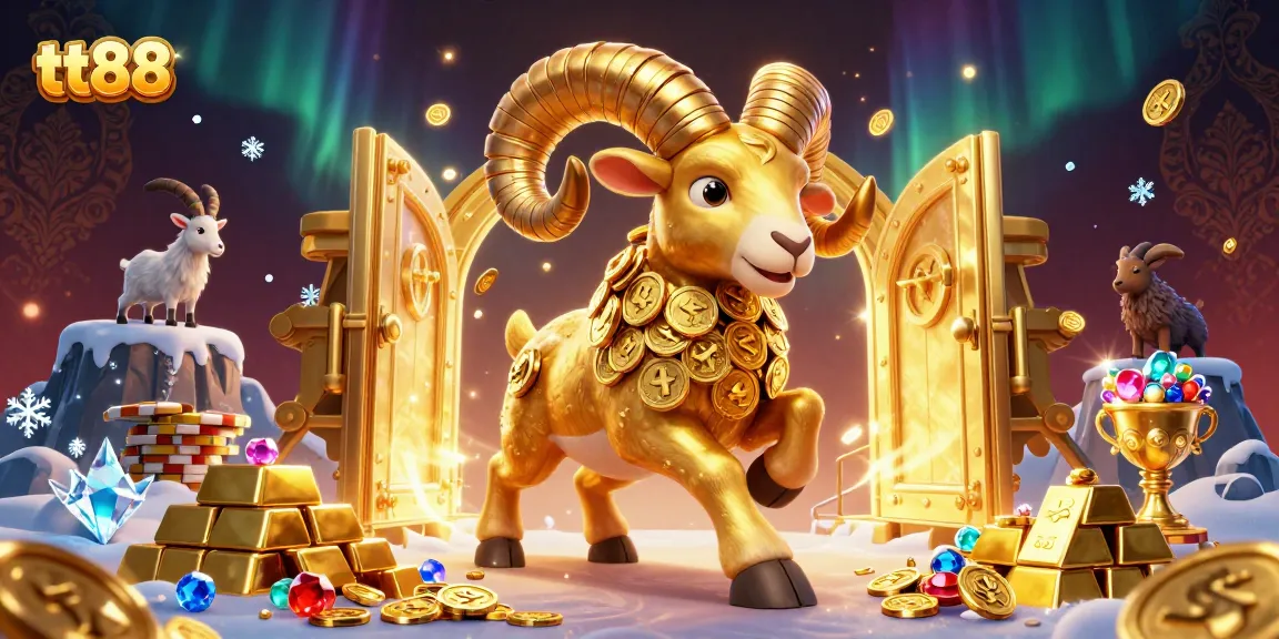 Experience thrilling wins at tt88 with a golden ram charging through a treasure vault full of jewels and gold.