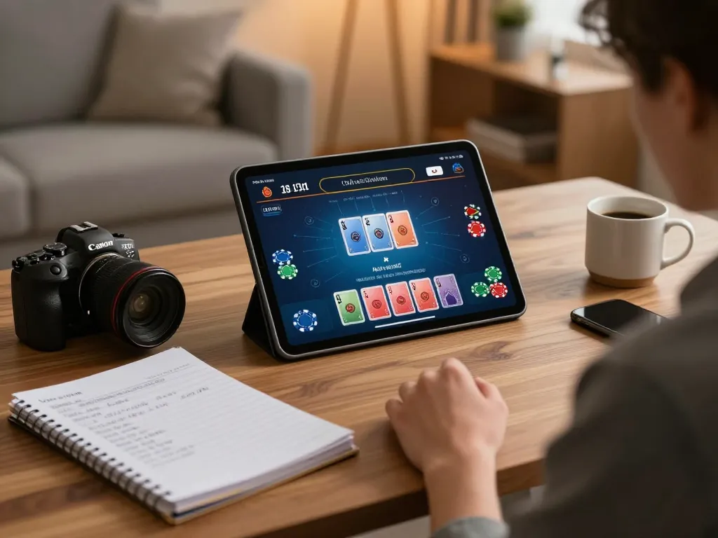 Engaged player using ATQ live dealer game on tablet with notebook and coffee nearby