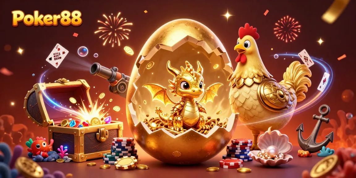 Win big at Poker88 with exciting games depicted in a vibrant, gold-themed illustration.