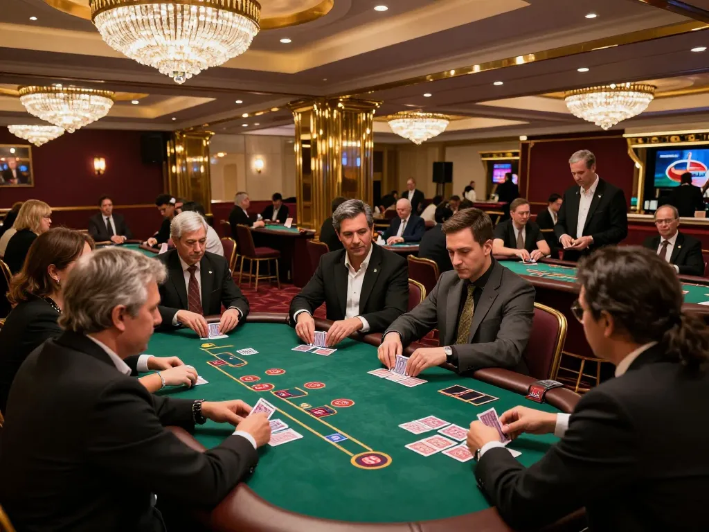 J188 players engaged in intense blackjack gameplay at a luxurious casino, showcasing strategy and excitement.