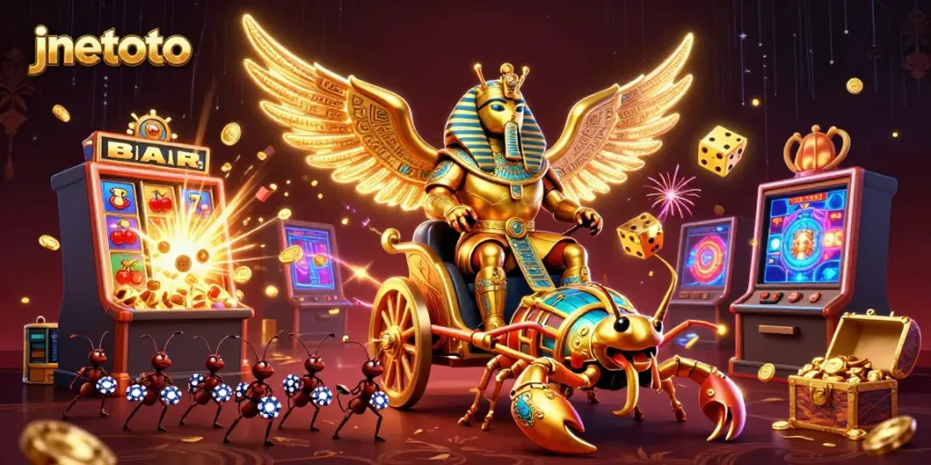 Jnetoto menghadirkan ilustrasi kasino 3D menarik dengan scarab kolosal dan mesin slot.