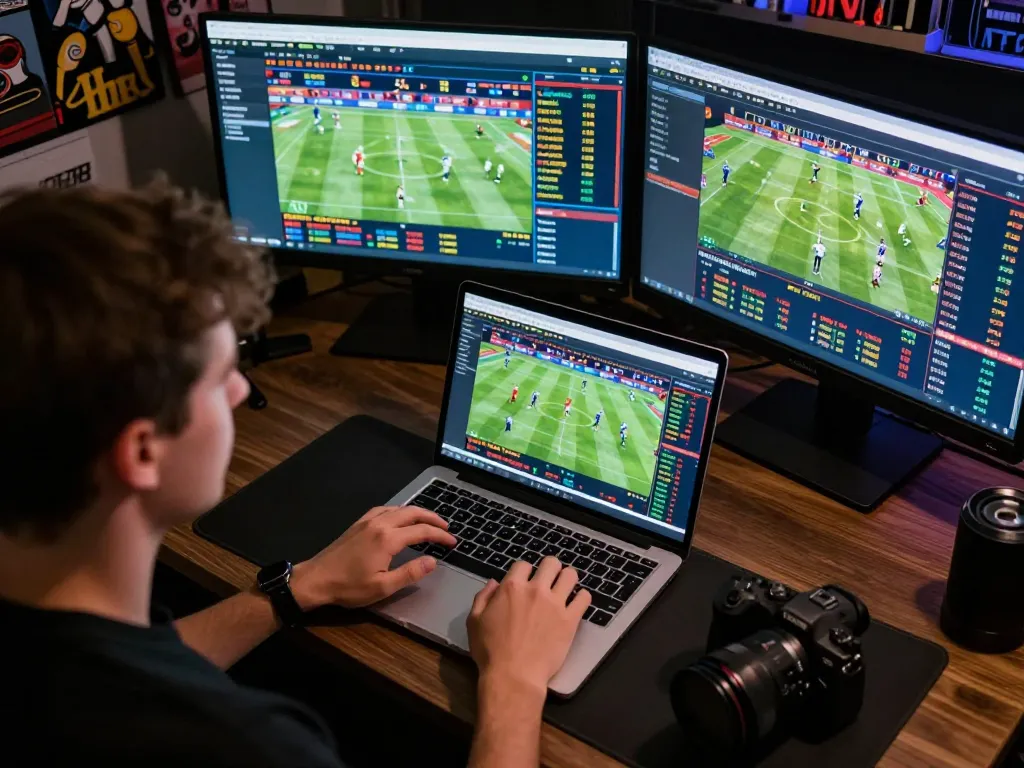 Person analyzing live sports odds for Bbet during intense betting session at home