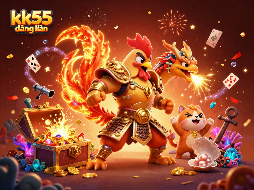 Engage with kk55 đăng nhập to experience thrilling casino adventures with a fighting rooster and dragon.