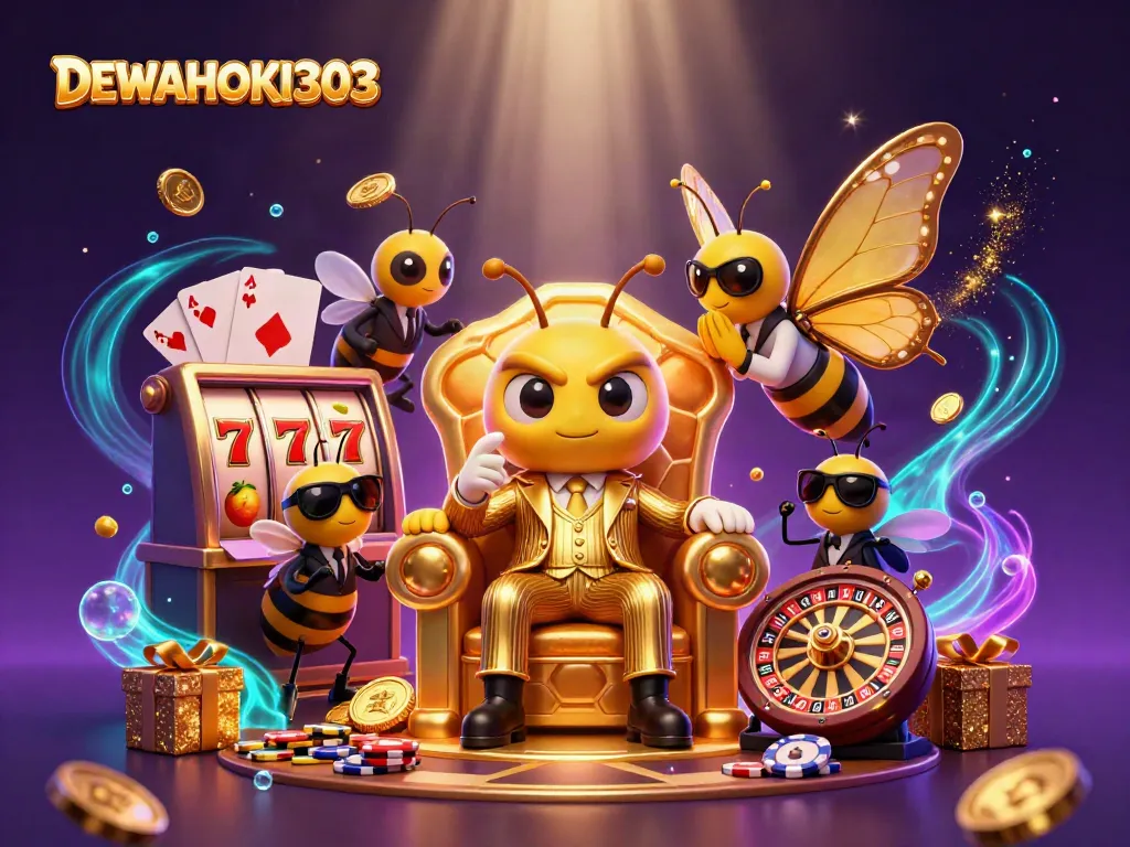 DEWAHOKI303 menghadirkan suasana permainan slot yang mempesona dengan karakter menarik dalam skenario kasino.