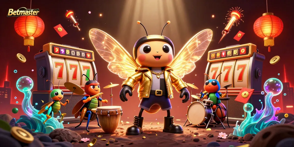 Betmaster offers a thrilling experience with a golden cicada rock star and lively game elements surrounding the action.