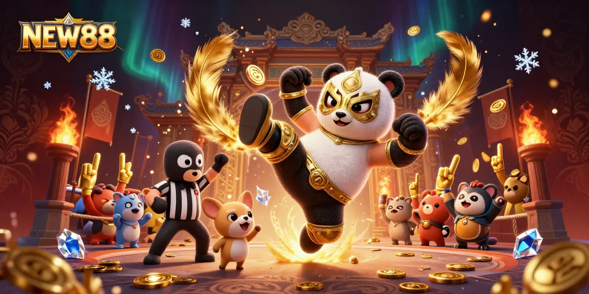 Experience exciting gameplay at NEW88 with a dynamic and colorful casino illustration.