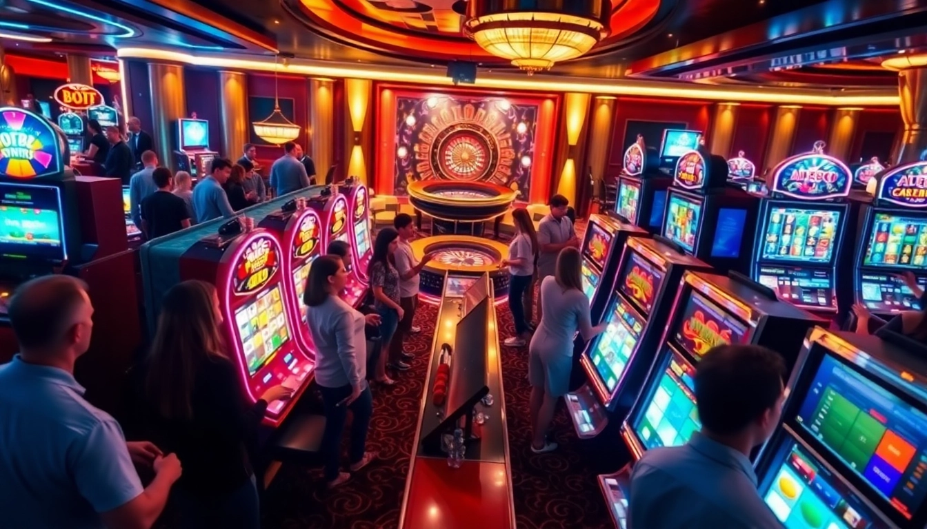 Gamblers enjoying the exhilarating experience of slot88 machines in a luxurious casino.