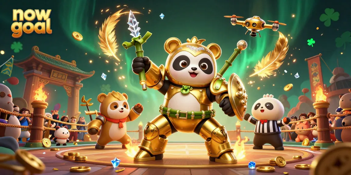 Engage in live sports betting with now goal, featuring a 3D panda in a dynamic casino arena.