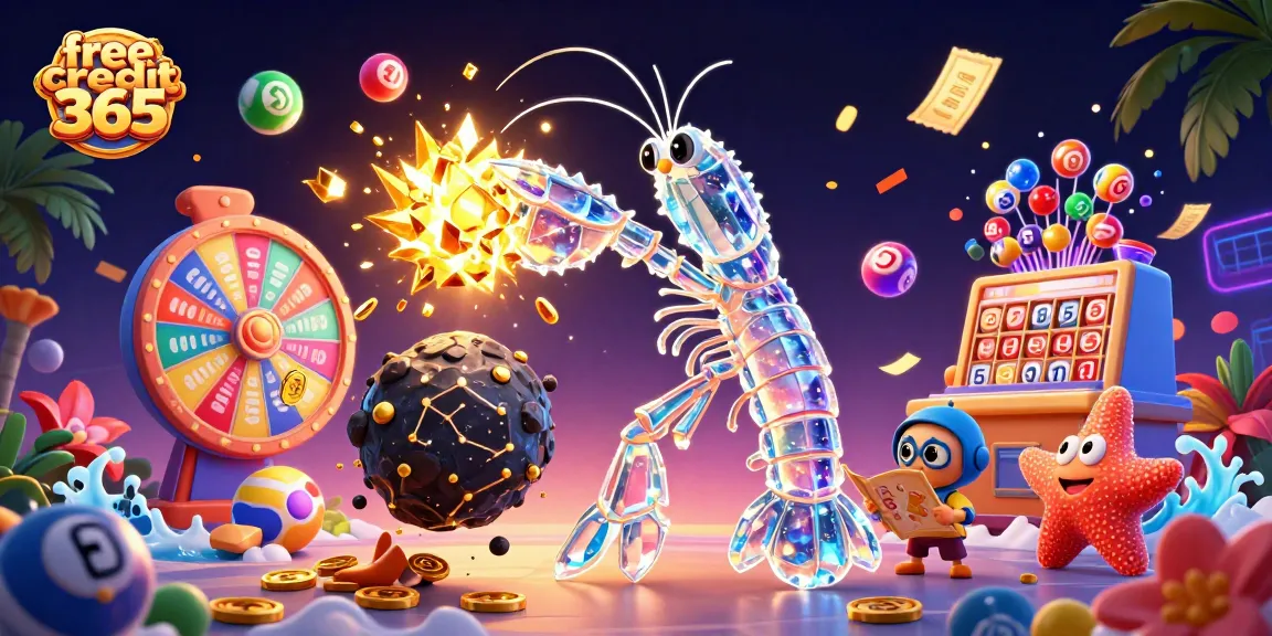 Play exciting casino games with free credit 365, surrounded by dynamic lottery balls and vibrant prizes.