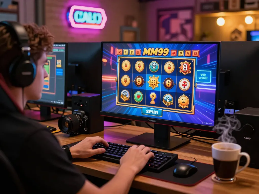Engaging player spinning the reels on MM99 Slot game in a cozy online gaming setup.