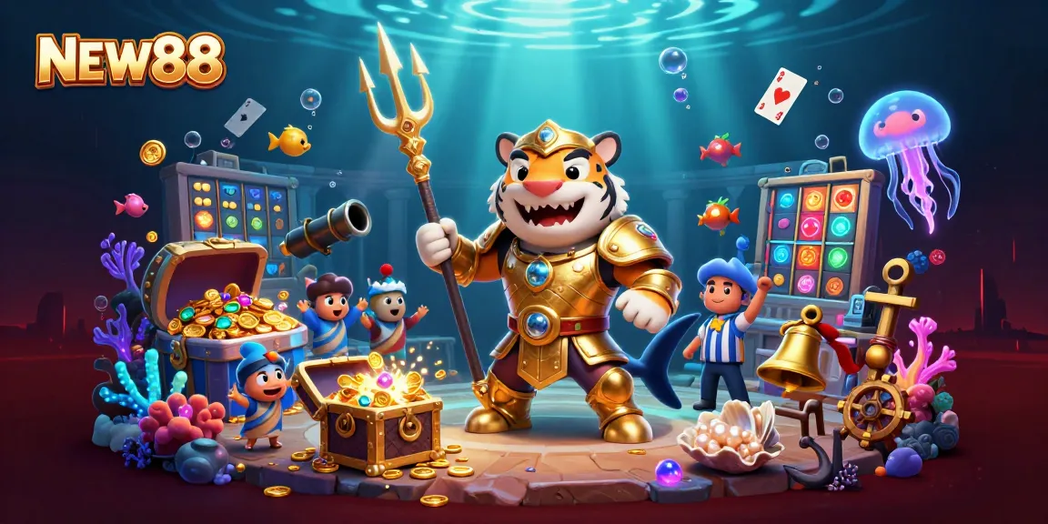 Engage with NEW88's dynamic underwater casino world featuring an armored shark, treasure, and glowing slots.