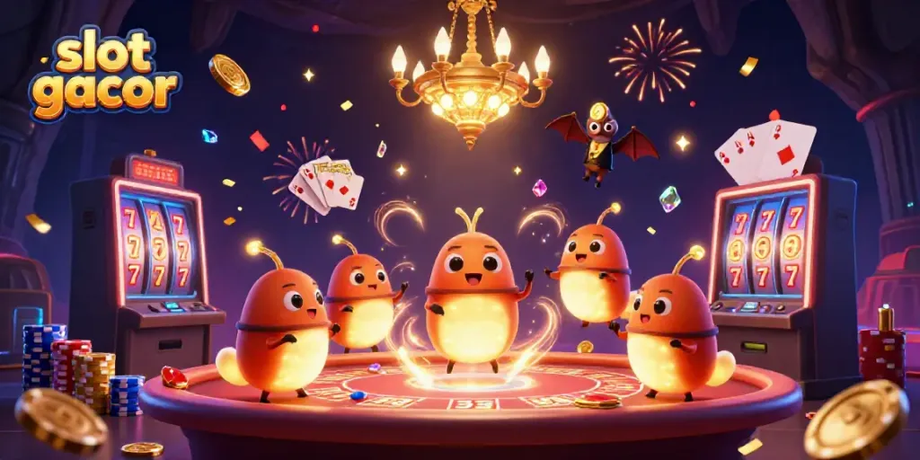 Experience the thrill of slot gacor with a lively 3D scene of glowing characters and casino elements.