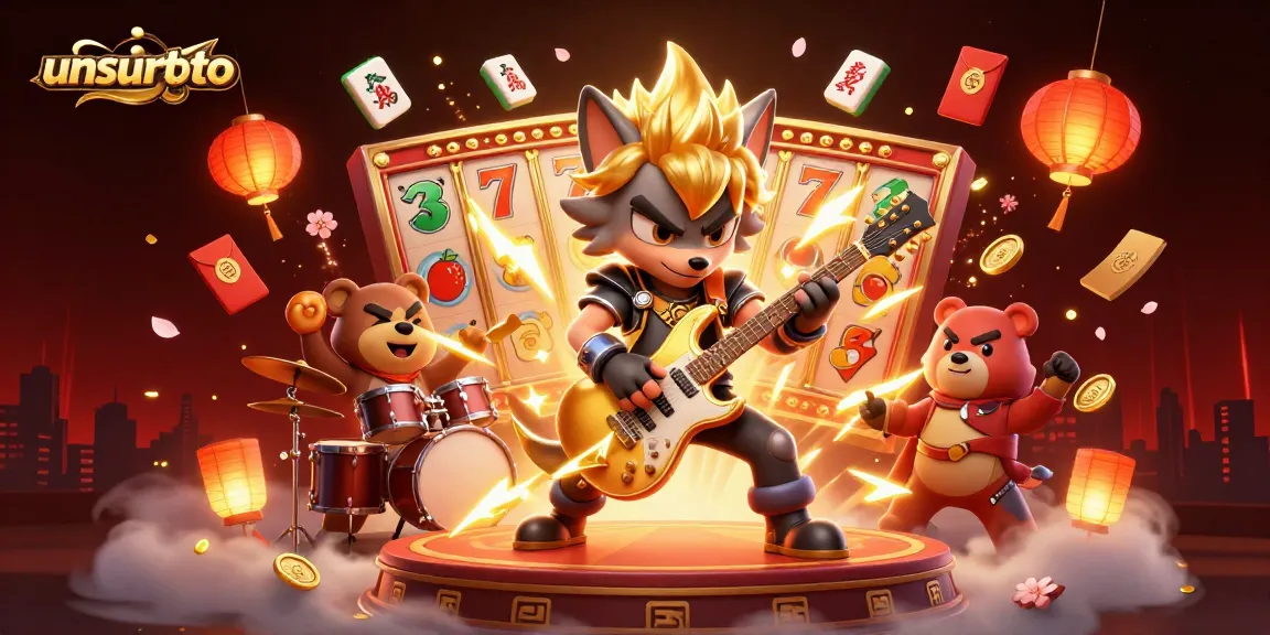 Experience unsurtoto's thrilling slot scene with a wolf rock star and drummer bear illuminating the casino stage.