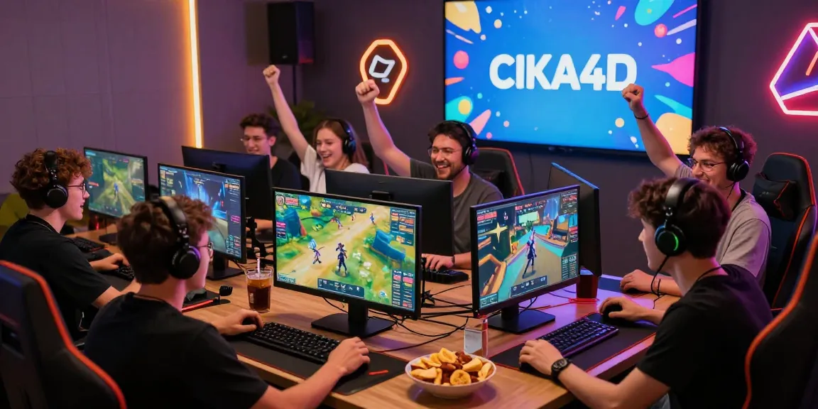 Friends enjoying a gaming session on CIKA4D platform, celebrating victories in a colorful virtual environment.