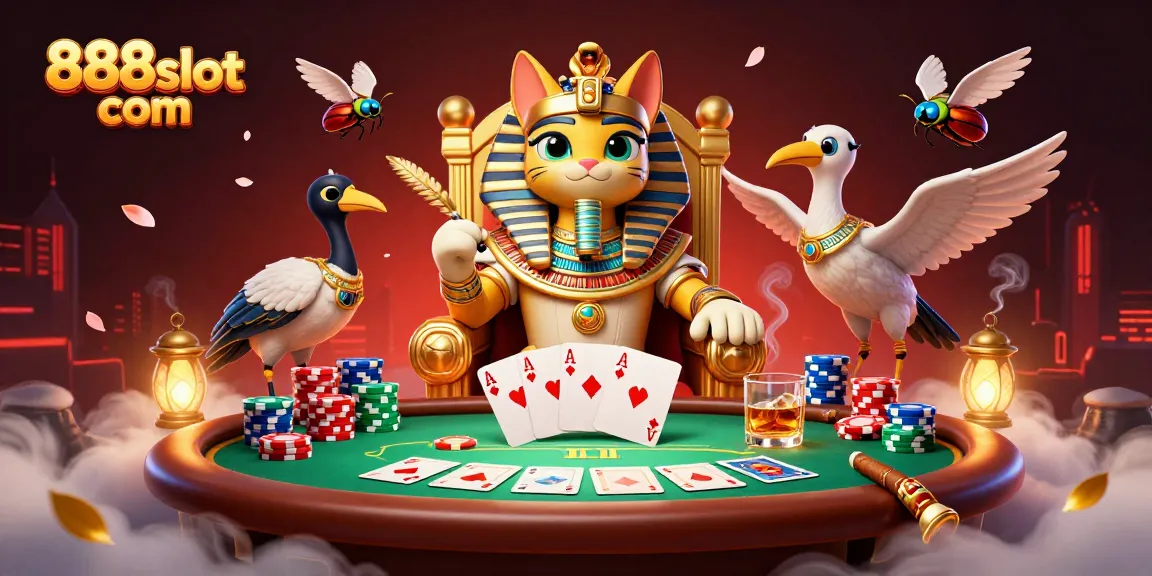Win big with 888slot com in this vibrant casino scene featuring cartoon pharaoh cat and poker elements.
