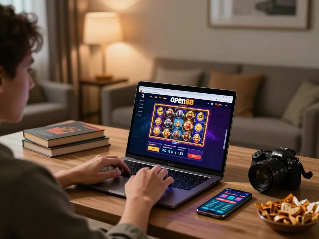 Engaging with open88 online casino platform on a stylish desk setup, showcasing vibrant gaming interface.