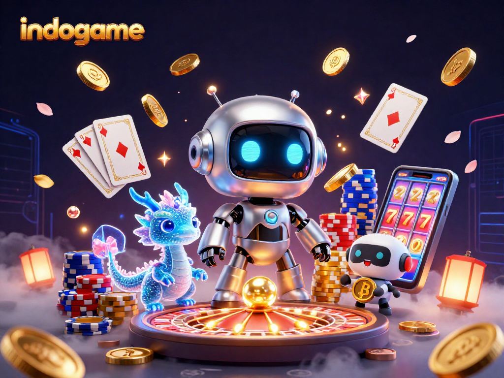 Engage in thrilling adventures at indogame with robotic mascots, casino gaming elements, and shimmering coins.