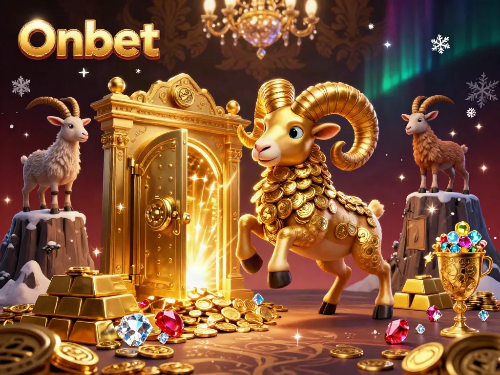 Experience thrilling wins at Onbet with a golden ram charging through a treasure-filled casino scene.