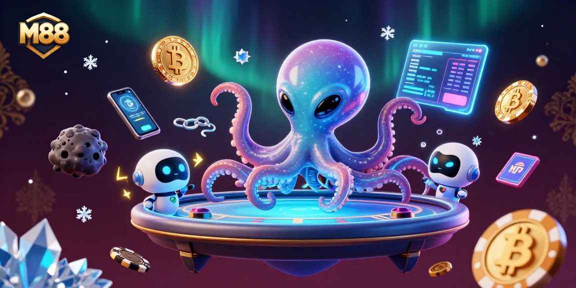 M88 players engage with a galactic-themed poker game featuring an octopus and robot amidst vibrant crypto elements.