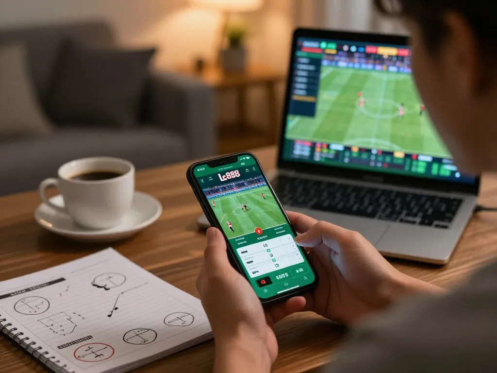 Engaging with Lc888 sports betting app in a cozy home environment with strategy notes.