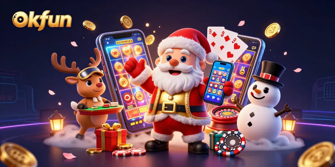 Celebrate jackpots with okfun featuring a cheerful Santa, reindeer dealer, and poker chip snowman.