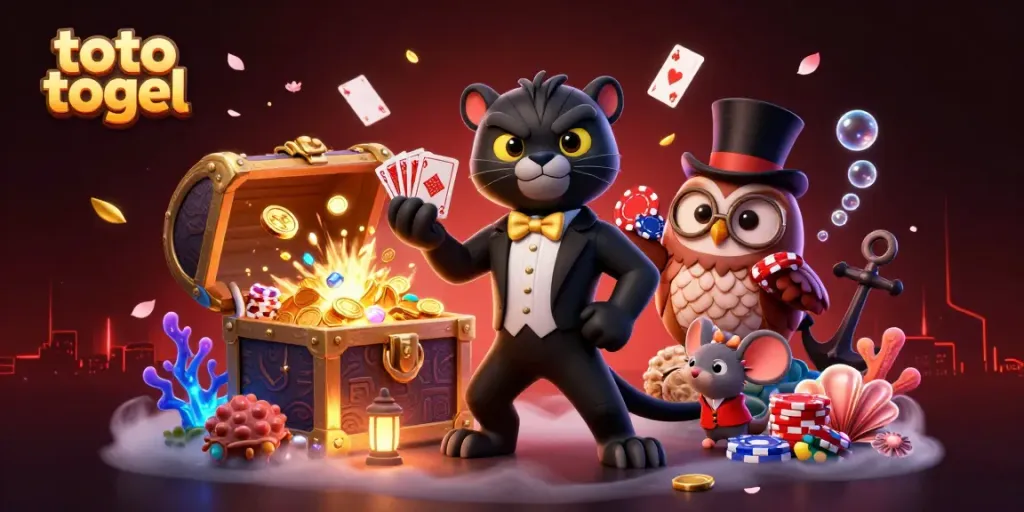 Engaging 3D illustration of the toto togel scene featuring a stylish panther dealer, colorful chips, and underwater treasure.