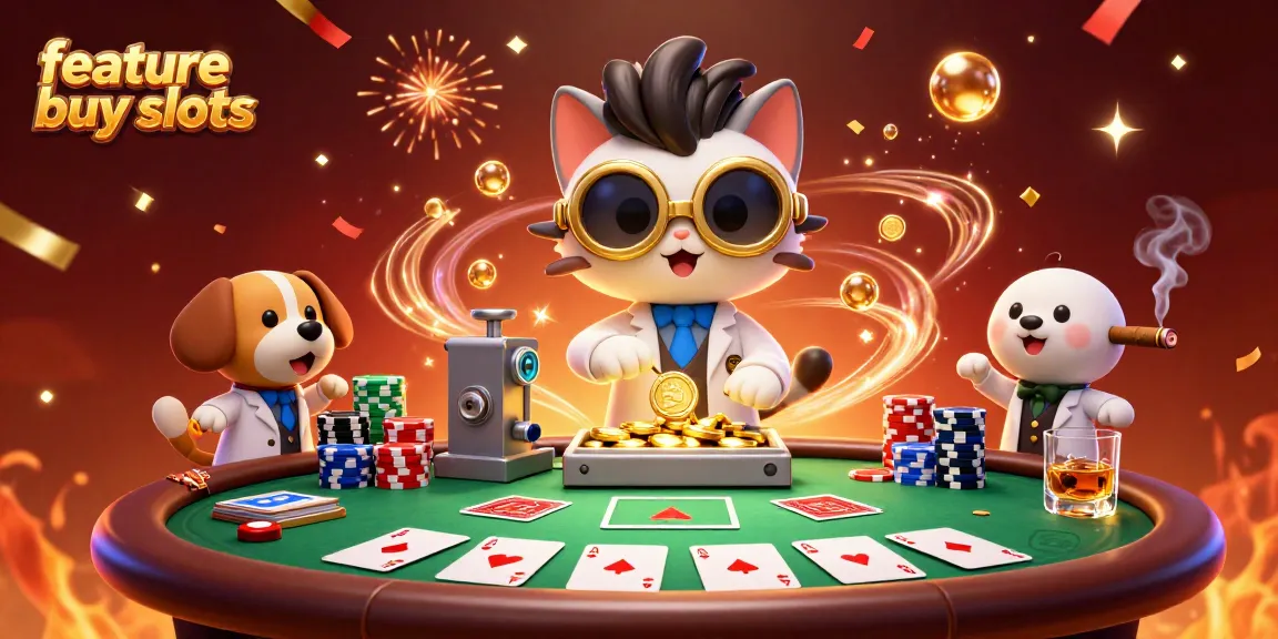 Experience feature buy slots excitement with vibrant casino characters in a dynamic 3D illustration.