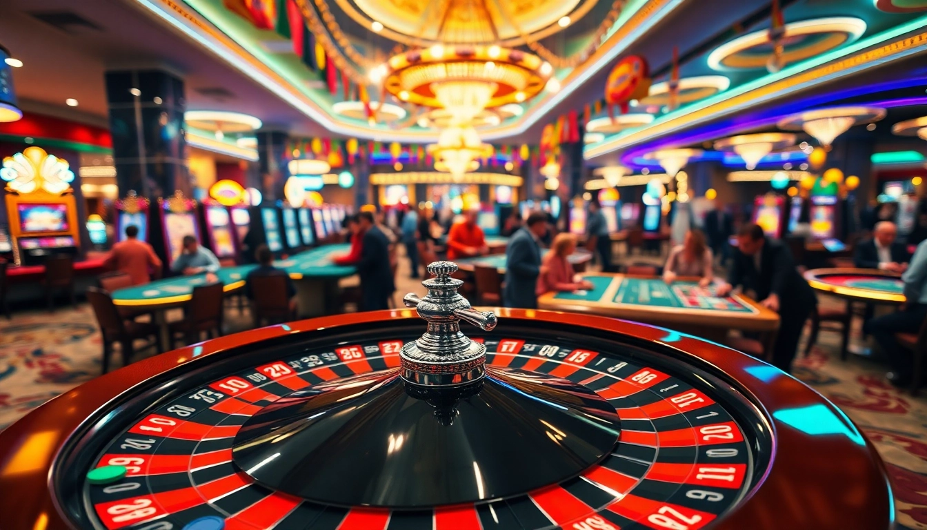Permainan situs toto di kasino dengan meja roulette berputar dan cerah.