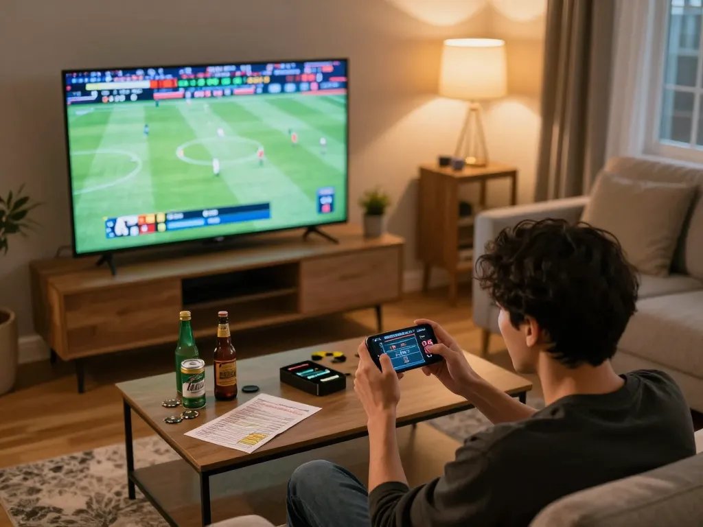 Engaging in Tr88 đăng nhập for sports betting while watching live action in a cozy home setting.